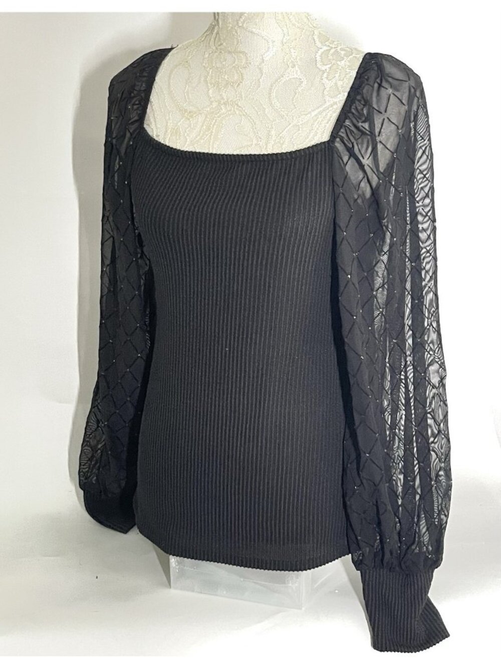 Black Ribbed Top M Sheer Lattice Sleeve Goth Punk Square Neck USA Blue Buttercup